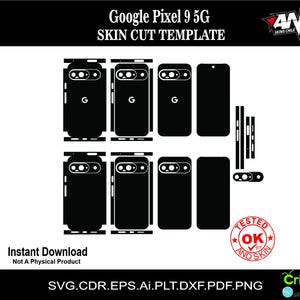 Puede incluir: Plantilla de corte de piel negra para Google Pixel 9 5G. El diseño incluye contornos para la parte delantera, trasera y laterales del teléfono, con recortes para la cámara y otras funciones. Descarga instantánea, compatible con máquinas Cricut silhouette.