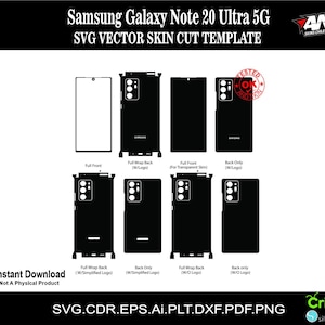Puede incluir: Una plantilla de descarga digital para una funda de teléfono Samsung Galaxy Note 20 Ultra 5G. La plantilla incluye diferentes opciones para la parte delantera y trasera del teléfono, incluyendo envoltura completa con y sin logotipo, y solo la parte trasera con y sin logotipo. La plantilla está disponible en los formatos SVG, CDR, EPS, AI, PLT, DXF, PDF y PNG.