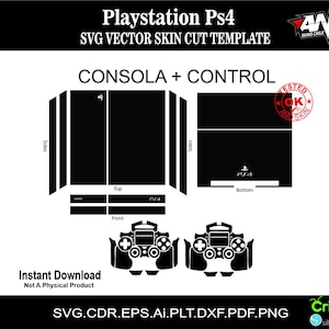 Może przedstawiać: Czarno-biały szablon cyfrowy dla skórki konsoli i kontrolera Playstation 4. Szablon zawiera linie cięcia dla boków, góry, dołu i przodu konsoli, a także dla kontrolera. Tekst "CONSOLA + CONTROL" jest wydrukowany na czarnym tle w kolorze białym.