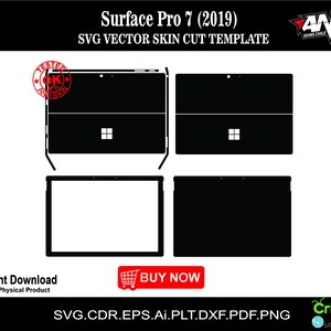 May include: A black and white digital template for a Surface Pro 7 (2019) skin. The template includes the outline of the laptop, keyboard, and trackpad. The text "SVG VECTOR SKIN CUT TEMPLATE" is at the top of the image.