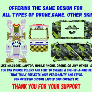 K&ouml;nnte beinhalten: Eine digitale Illustration eines Tarnmuster-Skin-Designs f&uuml;r eine Drohne, ein Spiel oder ein anderes Ger&auml;t. Das Design zeigt ein gr&uuml;nes, schwarzes und graues Tarnmuster mit einem wei&szlig;en Stern in der Mitte. Der Text "AND SKINS" befindet sich in der oberen rechten Ecke des Bildes. Der Text "OFFERING THE SAME DESIGN FOR ALL TYPES OF DRONE, GAME, OTHER SKIN" befindet sich oben im Bild. Der Text "LIKE MACBOOK, LAPTOP, MOBILE PHONE, DRONE, OR ANY OTHER SKIN YOU CAN CHOOSE COLORS AND FONT TO CREATE A ONE-OF-A-KIND DESIGN THAT TRULY REFLECTS YOUR PERSONALITY AND STYLE. FOR ORDERING CUSTOM LAPTOP SKIN CONTACT US. THANK YOU FOR YOUR SUPPORT" befindet sich unten im Bild.