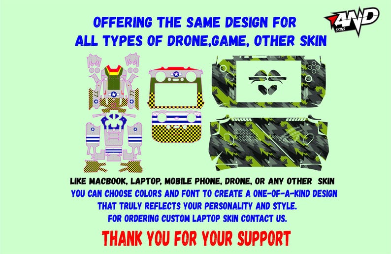 K&ouml;nnte beinhalten: Eine digitale Illustration eines Tarnmuster-Skin-Designs f&uuml;r eine Drohne, ein Spiel oder ein anderes Ger&auml;t. Das Design zeigt ein gr&uuml;nes, schwarzes und graues Tarnmuster mit einem wei&szlig;en Stern in der Mitte. Der Text "AND SKINS" befindet sich in der oberen rechten Ecke des Bildes. Der Text "OFFERING THE SAME DESIGN FOR ALL TYPES OF DRONE, GAME, OTHER SKIN" befindet sich oben im Bild. Der Text "LIKE MACBOOK, LAPTOP, MOBILE PHONE, DRONE, OR ANY OTHER SKIN YOU CAN CHOOSE COLORS AND FONT TO CREATE A ONE-OF-A-KIND DESIGN THAT TRULY REFLECTS YOUR PERSONALITY AND STYLE. FOR ORDERING CUSTOM LAPTOP SKIN CONTACT US. THANK YOU FOR YOUR SUPPORT" befindet sich unten im Bild.
