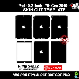 May include: Black skin cut template for iPad 10.2 inch 7th Gen 2019. The image shows multiple black cutouts of the iPad, including the front, back, and sides. The Apple logo is visible on some of the cutouts. Text includes "Instant Download" and "Buy Now".