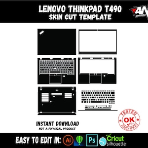 May include: A black and white digital cut template for a Lenovo ThinkPad T490 laptop skin. The template includes all the major parts of the laptop, including the keyboard, touchpad, and screen.