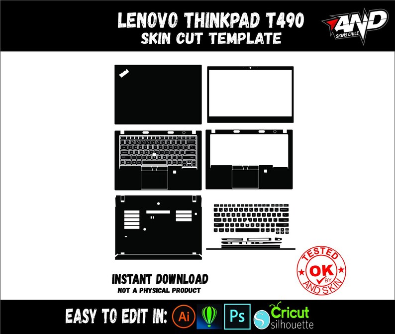 May include: A black and white digital cut template for a Lenovo ThinkPad T490 laptop skin. The template includes all the major parts of the laptop, including the keyboard, touchpad, and screen.