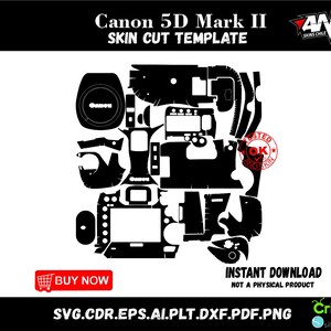 Puede incluir: Plantilla de corte de piel en blanco y negro para una cámara Canon 5D Mark II. La plantilla incluye varias formas recortadas para el cuerpo y los componentes de la cámara. La imagen también presenta el texto "COMPRAR AHORA" y "DESCARGA INSTANTÁNEA NO ES UN PRODUCTO FÍSICO".