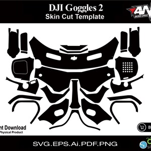 May include: A black and white digital cut template for DJI Goggles 2. The template is made up of multiple pieces that can be used to create a custom skin for the goggles. The template includes the text "DJI Goggles 2" and "Skin Cut Template".