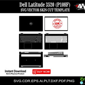 Puede incluir: Una plantilla digital en blanco y negro para una piel de portátil Dell Latitude 3520 (P108F). La plantilla incluye la tapa del portátil, el teclado, el panel táctil y el panel inferior. La plantilla está etiquetada como "Probado OK por And Skin".