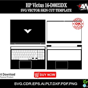 Puede incluir: Una plantilla de corte digital en blanco y negro para una piel de portátil HP Victus 16-D0023DX. La plantilla incluye las áreas de la tapa del portátil, el teclado y el panel táctil. La plantilla está etiquetada como "SVG VECTOR SKIN CUT TEMPLATE" y "AND SKIN'S CHILE".