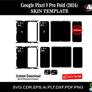 Puede incluir: Una plantilla en blanco y negro para una piel de teléfono Google Pixel 9 Pro Fold. La plantilla muestra la parte delantera, trasera y los lados del teléfono. El texto "Google Pixel 9 Pro Fold (2024)" y "SKIN TEMPLATE" está en la parte superior de la imagen. El texto "Descarga instantánea" y "No es un producto físico" está en la parte inferior de la imagen. El texto "SVG.CDR.EPS.Ai.PLT.DXF.PDF.PNG" está en la parte inferior de la imagen. El texto "COMPRAR AHORA" está en un botón rojo con un icono de carrito de compras. El texto "AND" está en un círculo rojo con un fondo blanco. El texto "SKINS CHILE" está debajo del círculo rojo. El texto "Cricut" está en un círculo verde con un fondo blanco. El texto "silhouette" está debajo del círculo verde.