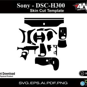 May include: A black and white digital camera skin cut template for the Sony DSC-H300. The template includes all the major parts of the camera, including the lens, buttons, and screen.