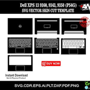 Può includere: Un'illustrazione digitale in bianco e nero di un modello di taglio della pelle per laptop Dell XPS 13. Il modello include il coperchio del laptop, la tastiera e il touchpad. Il testo "Dell XPS 13 9360, 9343, 9350 (P54G)" e "SVG VECTOR SKIN CUT TEMPLATE" è visualizzato nella parte superiore dell'immagine. Il testo "Download immediato" e "Non è un prodotto fisico" è visualizzato nella parte inferiore dell'immagine. Il testo "ACQUISTA ORA" è visualizzato in un rettangolo rosso con un'icona di carrello.