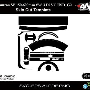 Puede incluir: Plantilla de corte de piel en blanco y negro para un objetivo Tamron SP 150-600 mm f5-6.3 Di VC USD G2. La plantilla incluye varias piezas para el cuerpo del objetivo, el parasol y la tapa del objetivo.