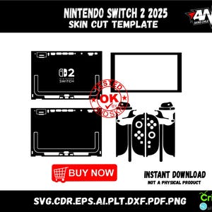 以下が含まれることがあります： Nintendo Switch 2 2025 用の白黒スキンカットテンプレート。コンソールとコントローラーのカットアウトが含まれており、「NINTENDO SWITCH 2 2025 SKIN CUT TEMPLATE」というテキストがあります。画像には「今すぐ購入」と「インスタントダウンロード、物理的な製品ではありません」というテキストも含まれています。