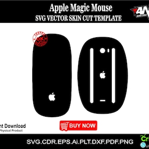 Puede incluir: Una plantilla de corte de piel digital en blanco y negro para un ratón Apple Magic. La plantilla incluye el logotipo de Apple y la forma del ratón. El texto "SVG VECTOR SKIN CUT TEMPLATE" está en la parte superior de la imagen.