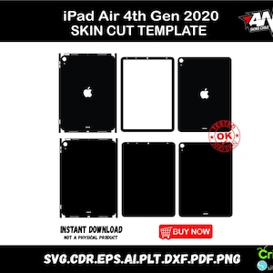 Puede incluir: Plantilla de corte de piel en blanco y negro para iPad Air 4ª generación 2020. La plantilla incluye múltiples vistas del dispositivo, con el logotipo de Apple visible. También está presente el texto "DESCARGA INSTANTÁNEA" y "COMPRAR AHORA".