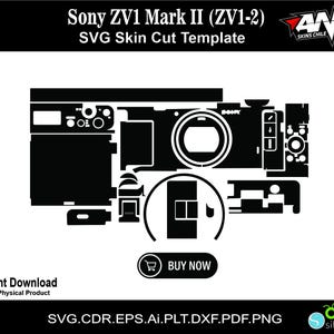 Könnte beinhalten: Schwarzweißes SVG-Schnittmuster für eine Sony ZV1 Mark II Kamera. Die Vorlage enthält alle Teile, die benötigt werden, um den Kamerakörper und das Objektiv abzudecken. Der Text "Sony ZV1 Mark II (ZV1-2)" und "SVG Skin Cut Template" ist oben im Bild sichtbar. Der Text "AND SKINS CHILE" ist oben rechts im Bild sichtbar. Der Text "JETZT KAUFEN" ist in einer Schaltfläche in der Mitte des Bildes sichtbar. Der Text "Sofortiger Download Kein physisches Produkt" ist unten links im Bild sichtbar. Der Text "SVG.CDR.EPS.AI.PLT.DXF.PDF.PNG" ist unten in der Mitte des Bildes sichtbar. Der Text "Cricut silhouette" ist unten rechts im Bild sichtbar.