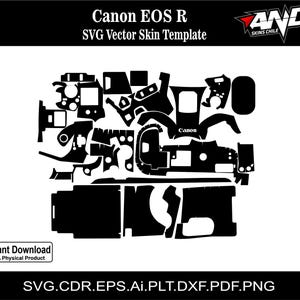Könnte beinhalten: Schwarzweißes Vektor-Skin-Template für eine Canon EOS R Kamera. Die Vorlage enthält alle Teile der Kamera, einschließlich Objektiv, Gehäuse und Tasten. Die Vorlage ist für die Verwendung mit einem Vinyl-Schneideplotter konzipiert, um benutzerdefinierte Skins für die Kamera zu erstellen.