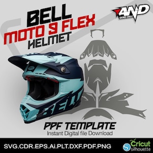 Puede incluir: Un casco Bell Moto 9 Flex azul y blanco con un diseño gráfico en blanco y negro. El casco se muestra con una plantilla para una película protectora (PPF) que se puede aplicar al casco. La plantilla se muestra en gris y está etiquetada como "PPF Template". El texto "Instant Digital file Download" también se muestra. El texto "SVG.CDR.EPS.Ai.PLT.DXF.PDF.PNG" se muestra debajo de la plantilla. El texto "AND SKINS CHILE" se muestra en la esquina superior derecha de la imagen.