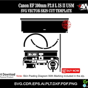 May include: Black and white vector skin cut template for a Canon EF 300mm F2.8 L IS II USM lens. The template includes the lens body, lens hood, and lens cap. The text "AND SKINS CHILE" is in the upper right corner of the image. The text "BUY NOW" is in the lower right corner of the image.