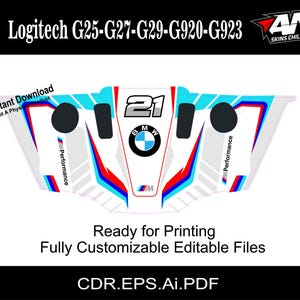 May include: A white Logitech steering wheel skin with a blue and red BMW racing design. The skin features the BMW logo, the number 21, and the word "Performance" on each side. The skin is ready for printing and is fully customizable.