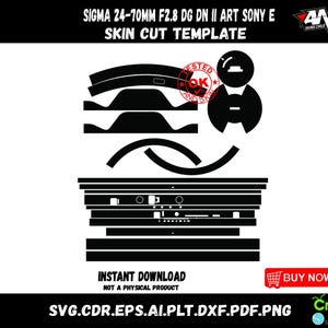 Op de afbeelding: Zwart-witte digitale snijsjabloon voor een Sigma 24-70mm F2.8 DG DN II ART lens voor een Sony E camera. De sjabloon bevat de tekst "Sigma 24-70mm F2.8 DG DN II ART Sony E Skin Cut Template".