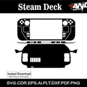May include: Black and white digital illustration of a Steam Deck handheld gaming console. The image shows the front and back of the device, with the text "Steam Deck" at the top of the image.
