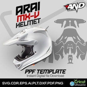 May include: A white Arai MX-V helmet with a black visor and a black and white graphic design. The helmet is on a white background with a black and white template for a protective film. The text "AND SKINS CHILE" is in red and white on a black background. The text "PPF TEMPLATE" is in black on a white background. The text "Instant Digital file Download" is in black on a white background. The text "SVG.CDR.EPS.Ai.PLT.DXF.PDF.PNG" is in black on a white background. The text "Cricut silhouette" is in green and white on a black background.
