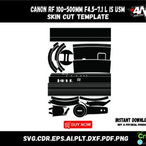 Puede incluir: Plantilla de corte de piel en blanco y negro para un objetivo Canon RF 100-500mm F4.5-7.1 L IS USM. La plantilla incluye varias formas recortadas y el texto "COMPRAR AHORA" y "DESCARGA INSTANTÁNEA NO ES UN PRODUCTO FÍSICO".