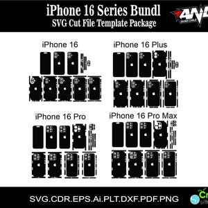 May include: A digital file template package for creating phone skins for the iPhone 16 series. The package includes templates for the iPhone 16, iPhone 16 Plus, iPhone 16 Pro, and iPhone 16 Pro Max. The image shows a black and white outline of each phone model with the different parts of the phone skin labeled.