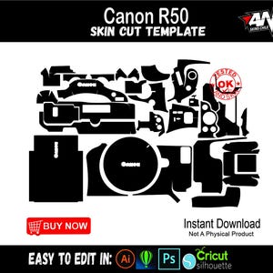 Puede incluir: Plantilla de corte de piel en blanco y negro para una cámara Canon R50. La plantilla incluye varias formas recortadas y el texto "Canon R50 SKIN CUT TEMPLATE". La imagen también presenta un botón "BUY NOW" y el texto "Instant Download Not A Physical Product".
