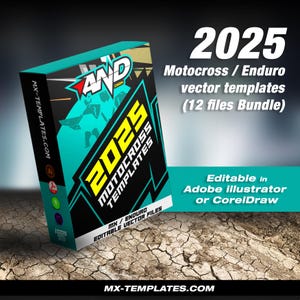 Könnte beinhalten: Eine türkisfarbene und schwarze Box mit dem Text "2025 Motocross Templates" in Gelb. Die Box enthält auch den Text "MX / Enduro Editable Vector Files" und "Editable in Adobe Illustrator or CorelDraw". Die Website-Adresse "MX-TEMPLATES.COM" ist ebenfalls sichtbar.