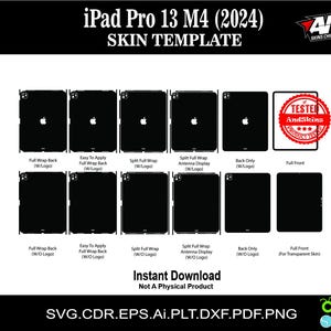 Könnte beinhalten: Eine digitale Vorlage für eine iPad Pro 13 M4 (2024) Haut. Die Vorlage enthält verschiedene Layouts für die Vorder-, Rückseite und Seiten des iPads. Die Vorlage steht zum sofortigen Download bereit und ist kein physisches Produkt. Das Bild enthält den Text "AND Skins Chile" und "TESTER AndSkins".