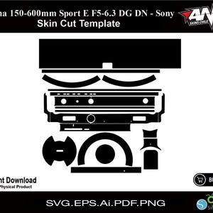 Puede incluir: Plantilla de corte digital en blanco y negro para un objetivo Sigma 150-600 mm Sport E F5-6.3 DG DN. La plantilla incluye todas las piezas necesarias para cubrir el objetivo con una piel.