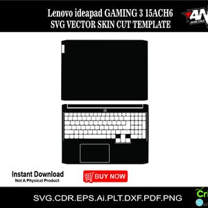 Puede incluir: Silueta en blanco y negro de un ordenador portátil Lenovo ideapad Gaming 3 15ACH6. El portátil está abierto con la pantalla orientada hacia el espectador. El teclado y el panel táctil son visibles. El texto "Lenovo ideapad GAMING 3 15ACH6" y "SVG VECTOR SKIN CUT TEMPLATE" están en la parte superior de la imagen. El texto "Descarga instantánea No es un producto físico" está en la parte inferior de la imagen. El texto "COMPRAR AHORA" está en un cuadro rojo con un icono de carrito de compras. El texto "SVG.CDR.EPS.Ai.PLT.DXF.PDF.PNG" está en la parte inferior de la imagen. El texto "Cricut silhouette" está en la parte inferior derecha de la imagen.