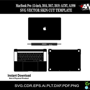 May include: Black and white digital template for a MacBook Pro laptop skin. The template includes the top, bottom, and keyboard areas of the laptop. The text "MacBook Pro (15-inch, 2016, 2017, 2019) A1707, A1990" and "SVG VECTOR SKIN CUT TEMPLATE" is at the top of the image. The text "Instant Download" and "Not A Physical Product" is at the bottom of the image. The text "SVG.CDR.EPS.Ai.PLT.DXF.PDF.PNG" is at the bottom of the image. The text "AND SKINS CHILE" is in the top right corner of the image. The text "Cricut silhouette" is in the bottom right corner of the image.