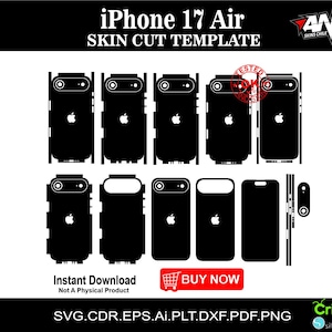 May include: Black iPhone 17 Air skin cut template with various design options. Includes the text "iPhone 17 Air SKIN CUT TEMPLATE" and "Instant Download Not A Physical Product". Features the "BUY NOW" button.