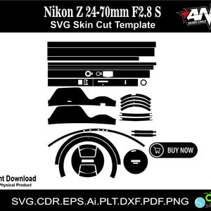 Op de afbeelding: Een zwart-witte digitale downloadtemplate voor een Nikon Z 24-70mm F2.8 S camera skin. De template bevat snijlijnen voor de camerabody, lens en knoppen. De tekst "AND Skins Chile" staat in de rechterbovenhoek van de afbeelding. De tekst "NU KOPEN" staat in een wit rechthoek met een winkelwagenpictogram.