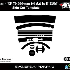 Puede incluir: Una plantilla de corte de piel en blanco y negro para un objetivo Canon EF 70-300mm f/4-5.6 Is II USM. La plantilla incluye varias piezas para cubrir el barril del objetivo y el anillo de zoom.
