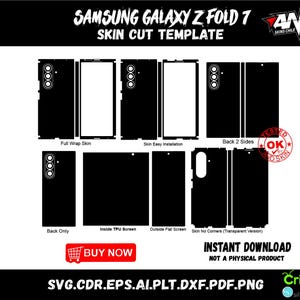 Puede incluir: Plantilla de corte de piel negra para un Samsung Galaxy Z Fold 7. Incluye plantillas para piel completa, solo la parte trasera y protectores de pantalla. Con el texto "COMPRAR AHORA" y "DESCARGA INSTANTÁNEA NO ES UN PRODUCTO FÍSICO".