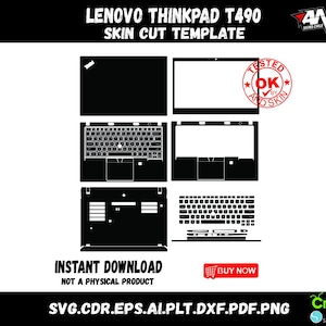 May include: A black and white digital template for a Lenovo ThinkPad T490 laptop skin. The template includes all the parts of the laptop, including the keyboard, touchpad, and screen.
