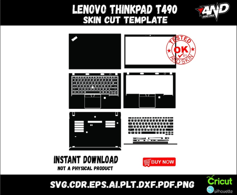 May include: A black and white digital template for a Lenovo ThinkPad T490 laptop skin. The template includes all the parts of the laptop, including the keyboard, touchpad, and screen.