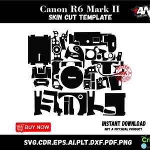Puede incluir: Plantilla de corte de piel en blanco y negro para una cámara Canon R6 Mark II. La plantilla incluye varios recortes para el cuerpo de la cámara y sus componentes. La imagen también incluye el texto "COMPRAR AHORA" y "DESCARGA INSTANTÁNEA NO ES UN PRODUCTO FÍSICO".
