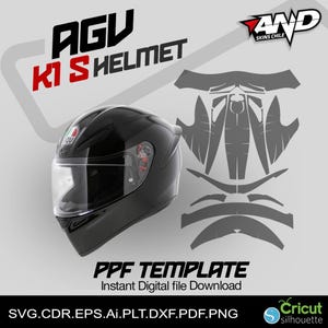 K&ouml;nnte beinhalten: Ein schwarzer AGV K1 S Helm mit einem klaren Visier und einem wei&szlig;en AGV Logo. Der Helm befindet sich auf einem wei&szlig;en Hintergrund mit einer grauen Vorlage des Helmdesigns. Der Text "PPF TEMPLATE" und "Sofortiger digitaler Dateidownload" befindet sich unter dem Helm. Der Text "SVG.CDR.EPS.Ai.PLT.DXF.PDF.PNG" befindet sich unter der Vorlage. Der Text "AND SKINS CHILE" befindet sich in der oberen rechten Ecke des Bildes.