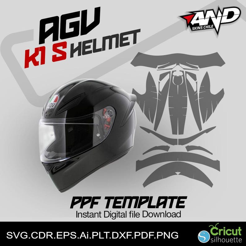 K&ouml;nnte beinhalten: Ein schwarzer AGV K1 S Helm mit einem klaren Visier und einem wei&szlig;en AGV Logo. Der Helm befindet sich auf einem wei&szlig;en Hintergrund mit einer grauen Vorlage des Helmdesigns. Der Text "PPF TEMPLATE" und "Sofortiger digitaler Dateidownload" befindet sich unter dem Helm. Der Text "SVG.CDR.EPS.Ai.PLT.DXF.PDF.PNG" befindet sich unter der Vorlage. Der Text "AND SKINS CHILE" befindet sich in der oberen rechten Ecke des Bildes.