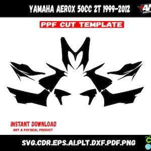 May include: A black and white digital template for a Yamaha Aerox 50cc 2T motorcycle, 1999-2012. The template is for a protective film cut, also known as PPF. The template is for instant download, not a physical product. The file formats included are SVG, CDR, EPS, AI, PLT, DXF, PDF, and PNG.