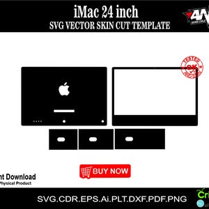 Puede incluir: Plantilla de corte vectorial SVG negra para un iMac de 24 pulgadas. El diseño incluye la silueta del iMac, con el logotipo de Apple visible. La imagen también incluye el texto "iMac 24 inch SVG VECTOR SKIN CUT TEMPLATE".