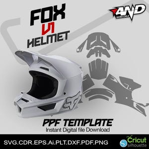 May include: A white Fox V1 helmet with a black Fox logo. The helmet is shown with a template for a custom paint job. The template includes several pieces that cover the helmet's surface. The text "PPF TEMPLATE" and "Instant Digital file Download" is shown below the helmet. The text "SVG.CDR.EPS.Ai.PLT.DXF.PDF.PNG" is shown below the template. The text "AND SKINS CHILE" is shown in the upper right corner of the image.