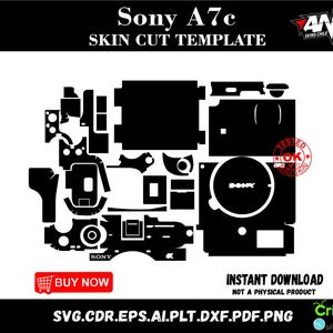 May include: A black and white skin cut template for a Sony A7c camera. The template includes various cut-out shapes and the Sony logo. The image also features the text "BUY NOW" and "INSTANT DOWNLOAD NOT A PHYSICAL PRODUCT".