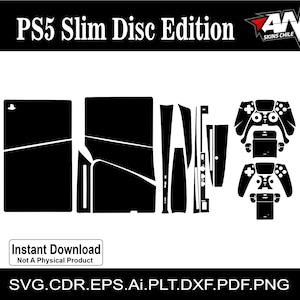 Könnte beinhalten: Schwarz-weißes digitales Download-Skin-Set für eine PS5 Slim Disc Edition Konsole und zwei Controller. Das Set beinhaltet ein Skin für die Konsole, zwei Controller-Skins und einen Satz Seitenplatten. Das Bild enthält den Text "PS5 Slim Disc Edition" und "Sofortiger Download Kein physisches Produkt".